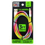 Charging Cable Rainbow Assortment 3FT - 12 Pieces Per Retail Ready Display 88456
