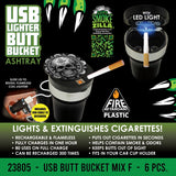 Printed Lid Butt Bucket Ashtray With Usb Coil Lighter & LED Light - 6 Per Retail Ready Wholesale Display 23805