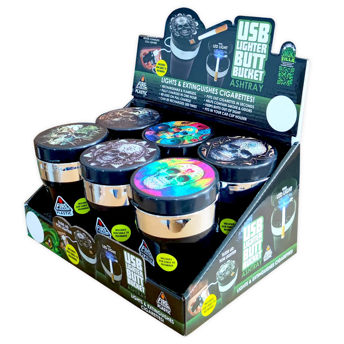 Printed Lid Butt Bucket Ashtray With Usb Coil Lighter & LED Light Printed Lid Butt Bucket Ashtray With Usb Coil Lighter & LED Light