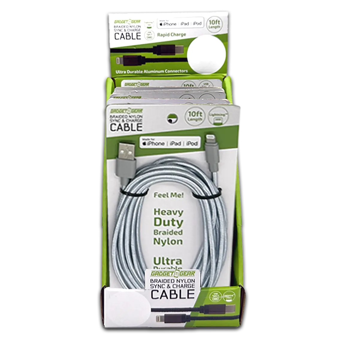 Charging Cable USB to Lightning 10FT 2.4 Amp - 6 Pieces Per Retail Ready Display 23827 GADGET GEAR