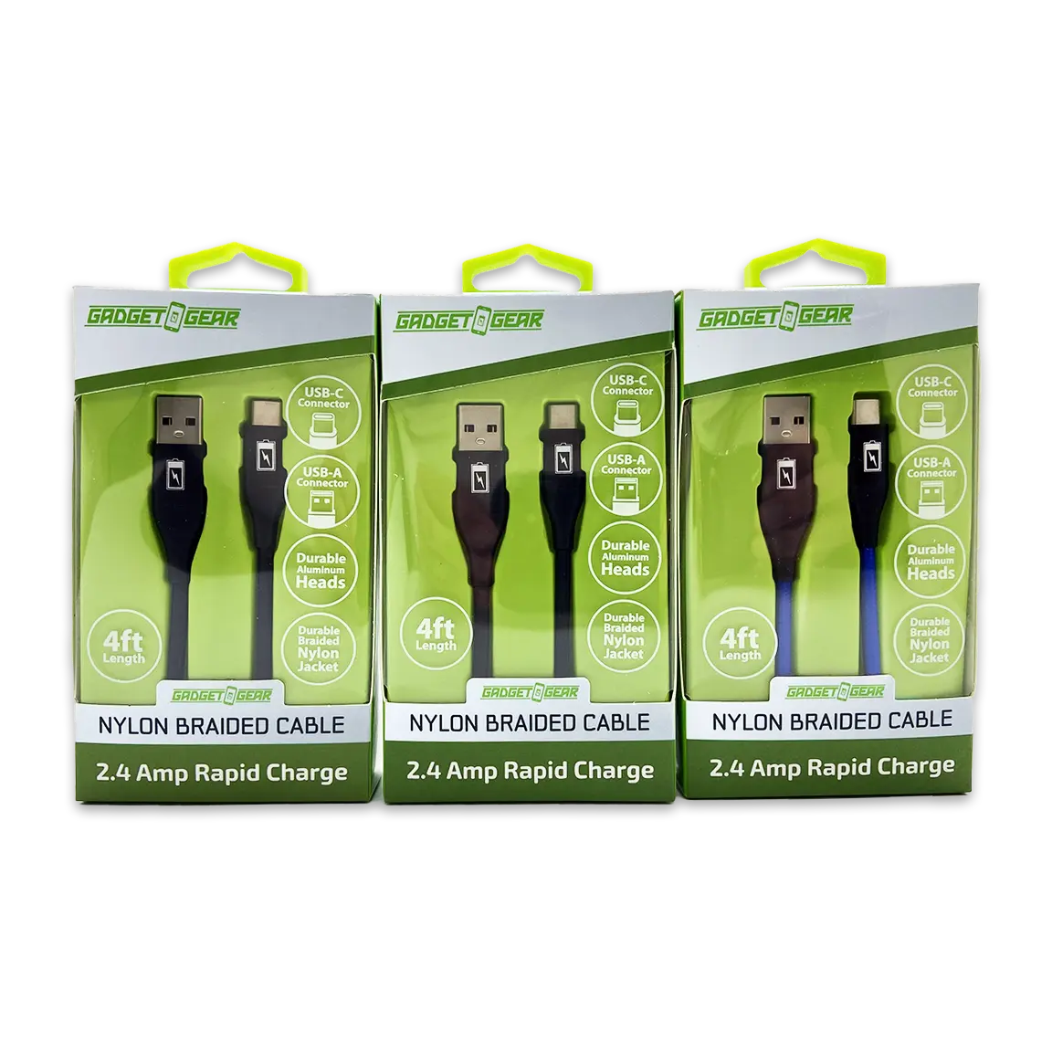 Charging Cable Nylon Braided USB to USB-C 4FT 2.4 Amp - 3 Pieces Per Pack 24616 GADGET GEAR