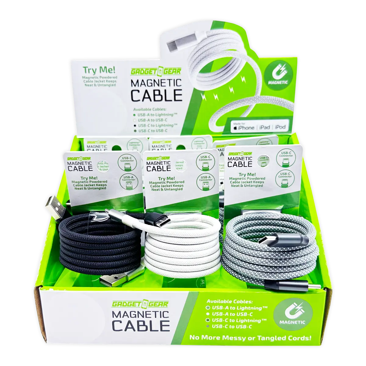 Charging Cable Magnetic Cloth Assortment- 6 Pieces Per Retail Ready Display 25070 GADGET GEAR