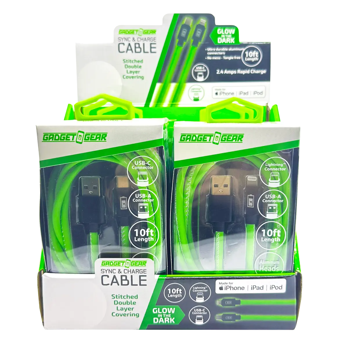 Charging Cable Glow in The Dark Assortment 10FT - 6 Pieces Per Retail Ready Display 25113 GADGET GEAR