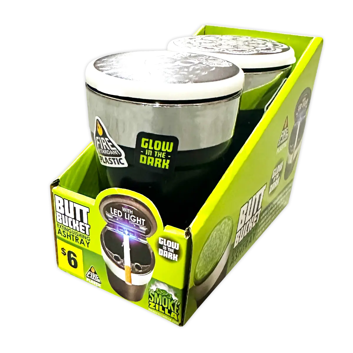 Glow In The Dark Printed Lid Butt Bucket Ashtray with LED Light - 2 Per Retail Ready Wholesale Display 40308 SMOKEZILLA