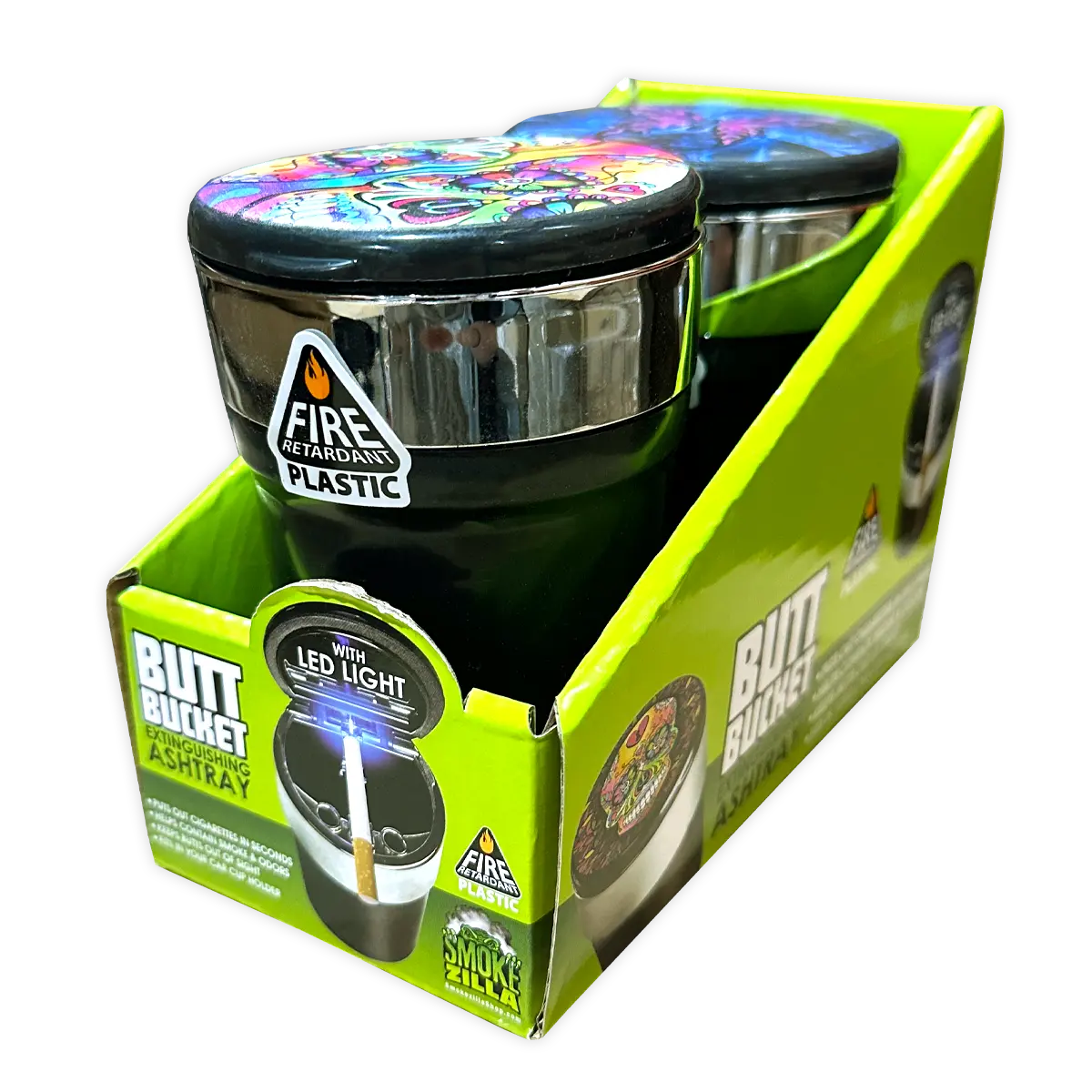 Printed Lid Butt Bucket Ashtray with LED light- 2 Per Retail Ready Wholesale Display 40309 SMOKEZILLA