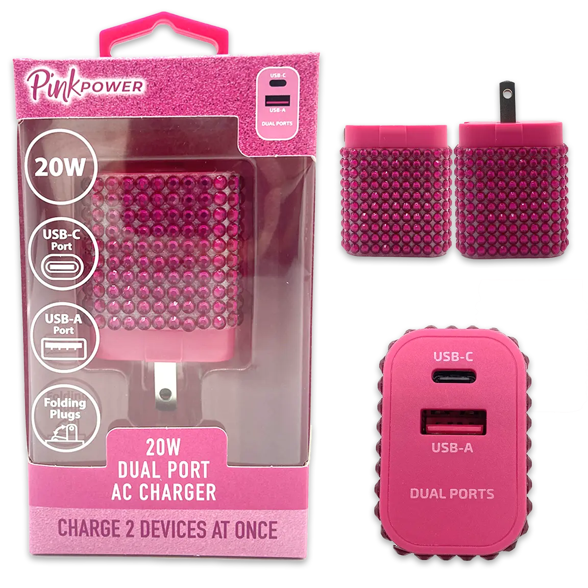 Car Charger / Wall Charger / Charging Cable Pink Power Assortment - 20 Pieces Per Retail Ready Display 88527 GADGET GEAR