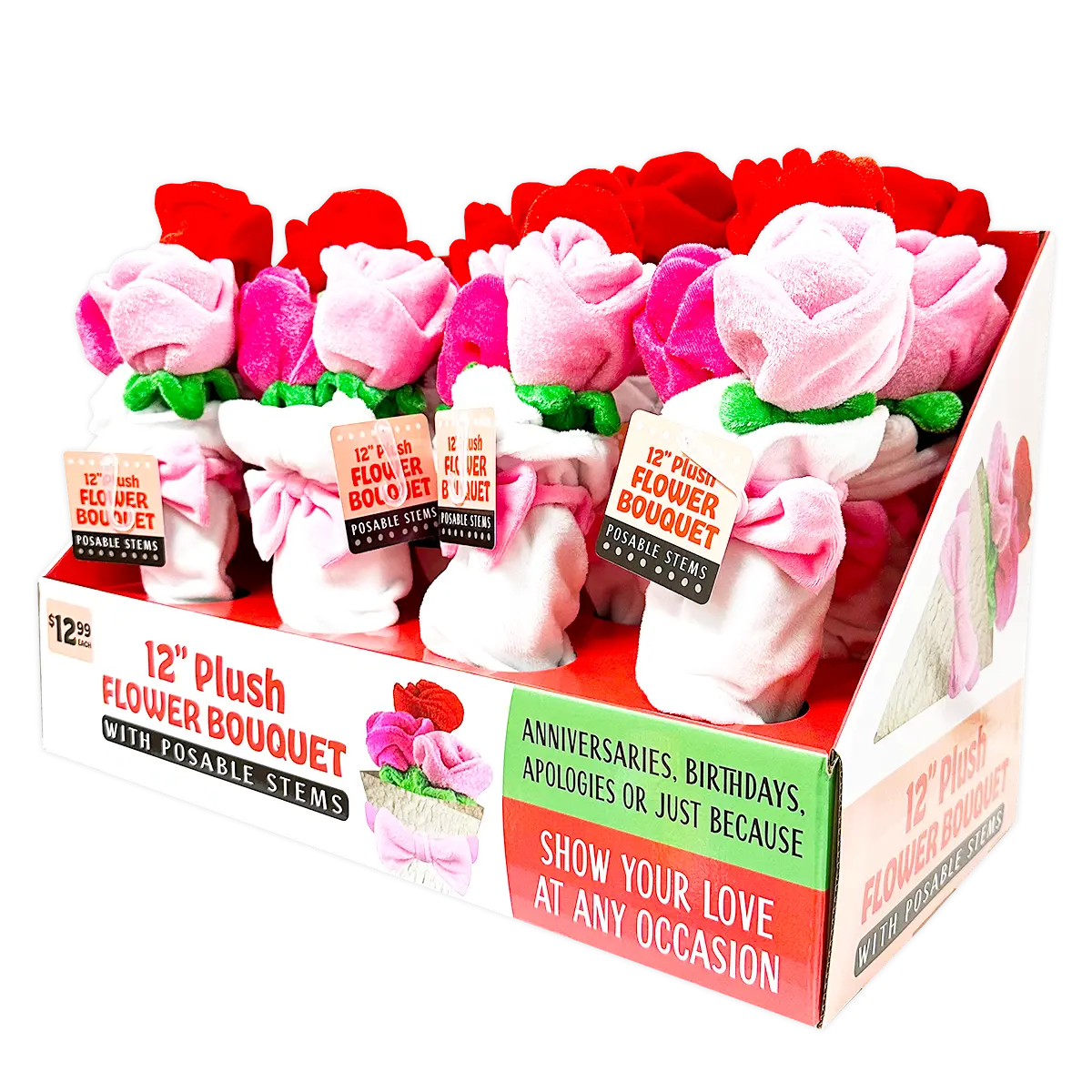 Plush Rose Bouquet 12" Assortment - 8 Pieces Per Retail Ready Display 41663 KIPP BROTHERS