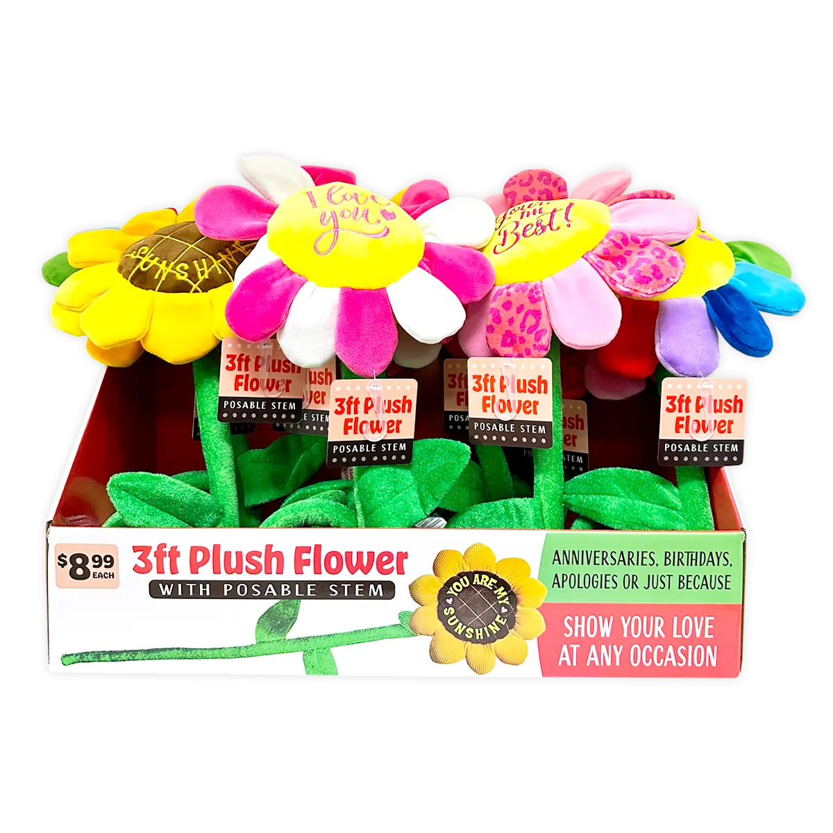 Plush Flower 36" Assortment - 8 Pieces Per Retail Ready Display 41664 KIPP BROTHERS