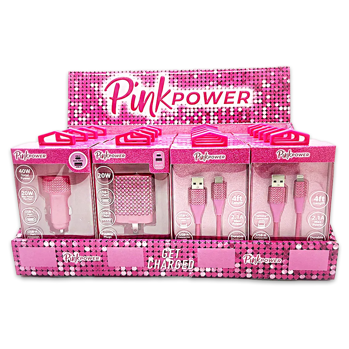 Car Charger / Wall Charger / Charging Cable Pink Power Assortment - 20 Pieces Per Retail Ready Display 88527 GADGET GEAR