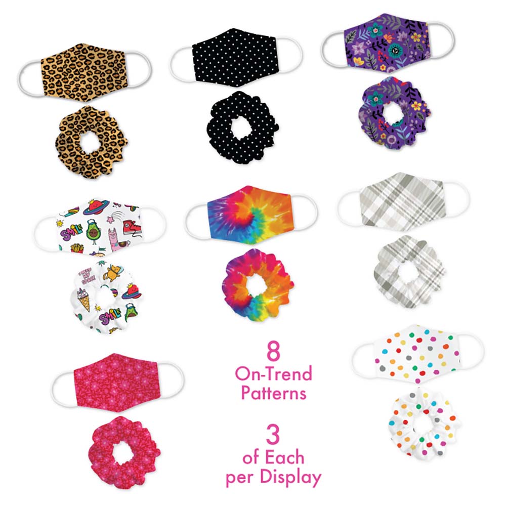 ITEM NUMBER 022022 CHILDRENS FACE MASK & HAIR TIE 24 PIECES PER DISPLAY