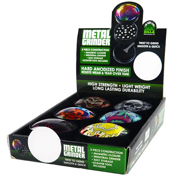 Metal 3 Piece Grinder with Dome Lid - 6 Pieces Per Retail Ready Display 22062 SMOKEZILLA