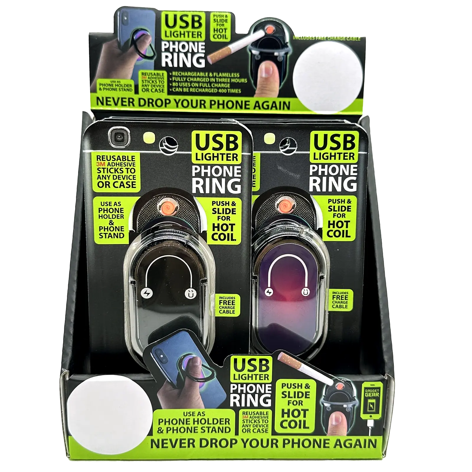 Ring Phone Holder with USB Coil Lighter - 6 Pieces Per Retail Ready Display 22087 GADGET GEAR