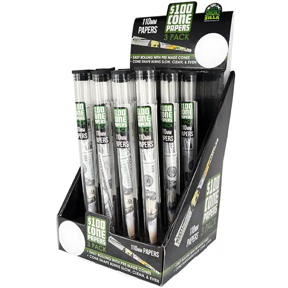 100 Dollar Bill Paper Roll Cones - 24 Pieces Per Retail Ready Display 25025 SMOKEZILLA