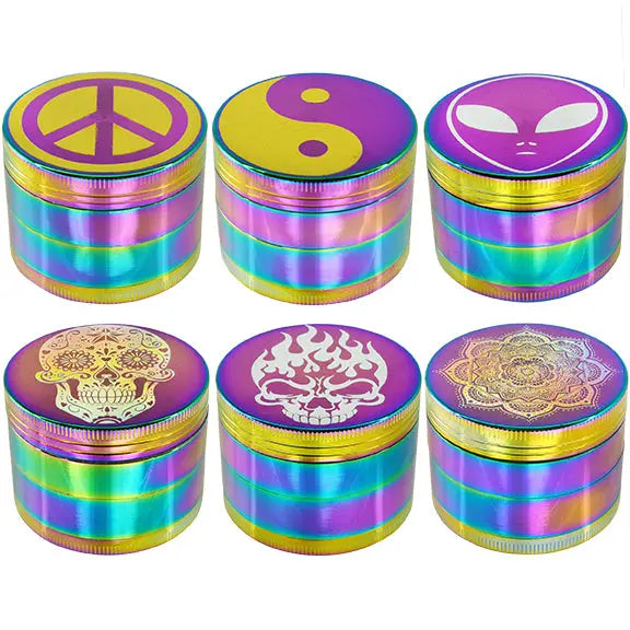 Metal 4 Piece Iridescent Grinder with Magnetic Closure - 6 Pieces Per Retail Ready Display 26034 SMOKEZILLA