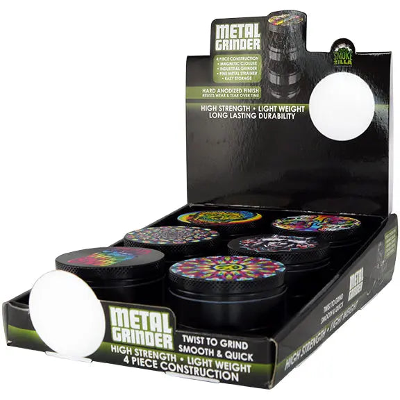 Metal 4 Piece Grinder with Printed Top - 6 Pieces Per Retail Ready Display 26439 SMOKEZILLA