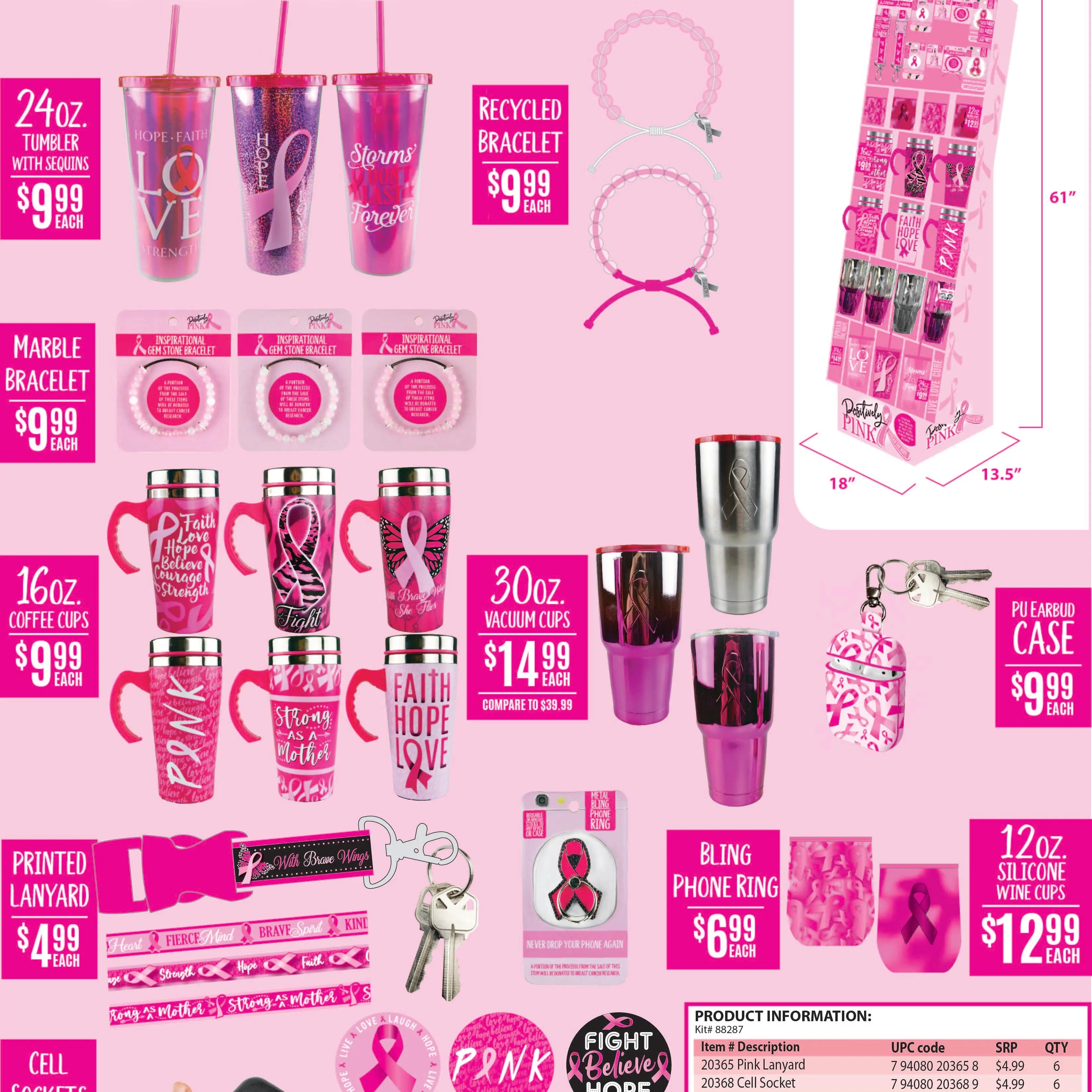 Breast Cancer Awareness Pink Assortment Floor Display - 45 Pieces Per Retail Ready Display 88287 KIPP BROTHERS