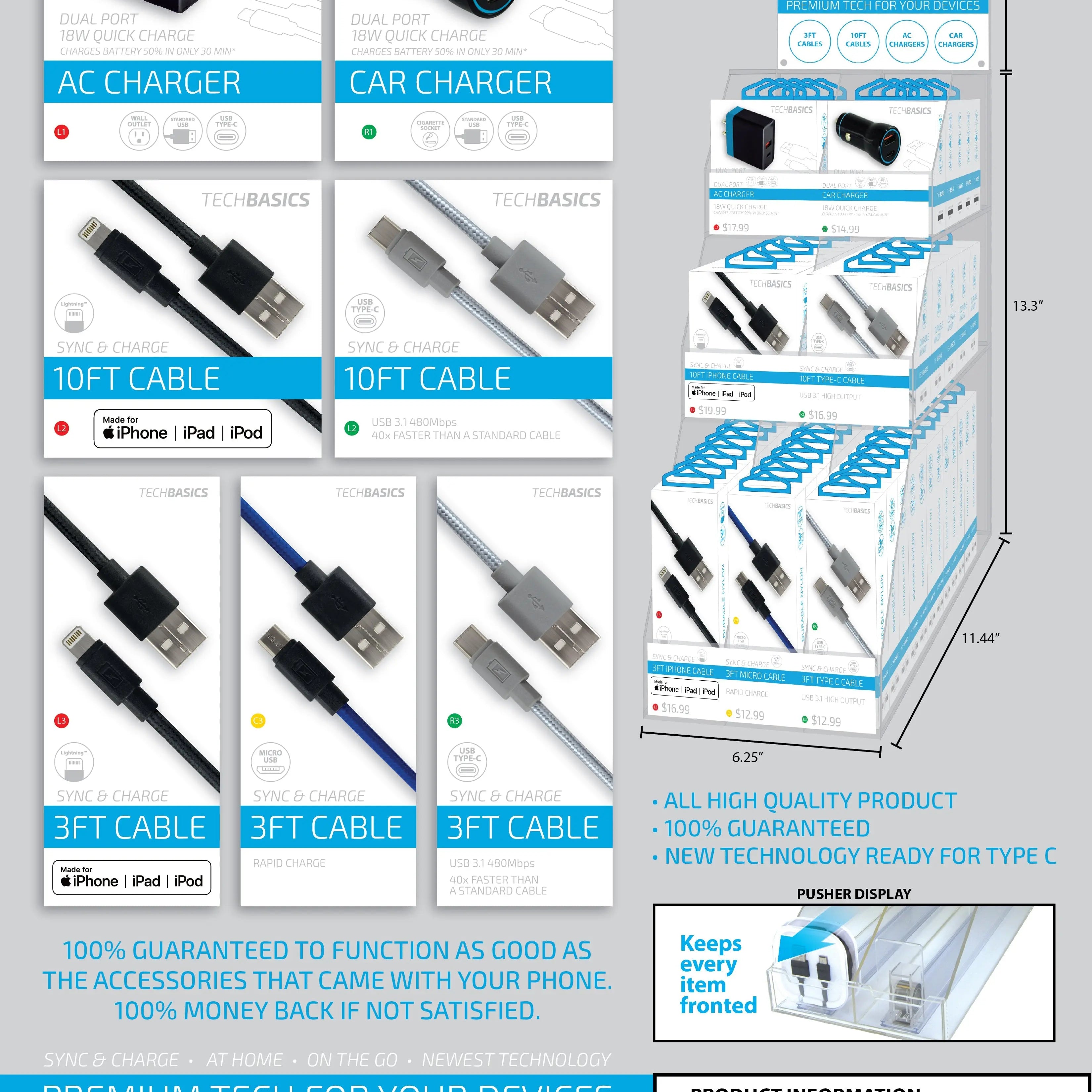Cell Phone Accessories Tech Basics Kit Assortment - 56 Pieces Per Retail Ready Display 88302 NOVELTY INC