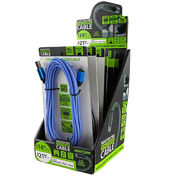 Charging Cable Indestructible Assortment 10FT 2.4 Amp - 6 Pieces Per Retail Ready Display 88321 GADGET GEAR