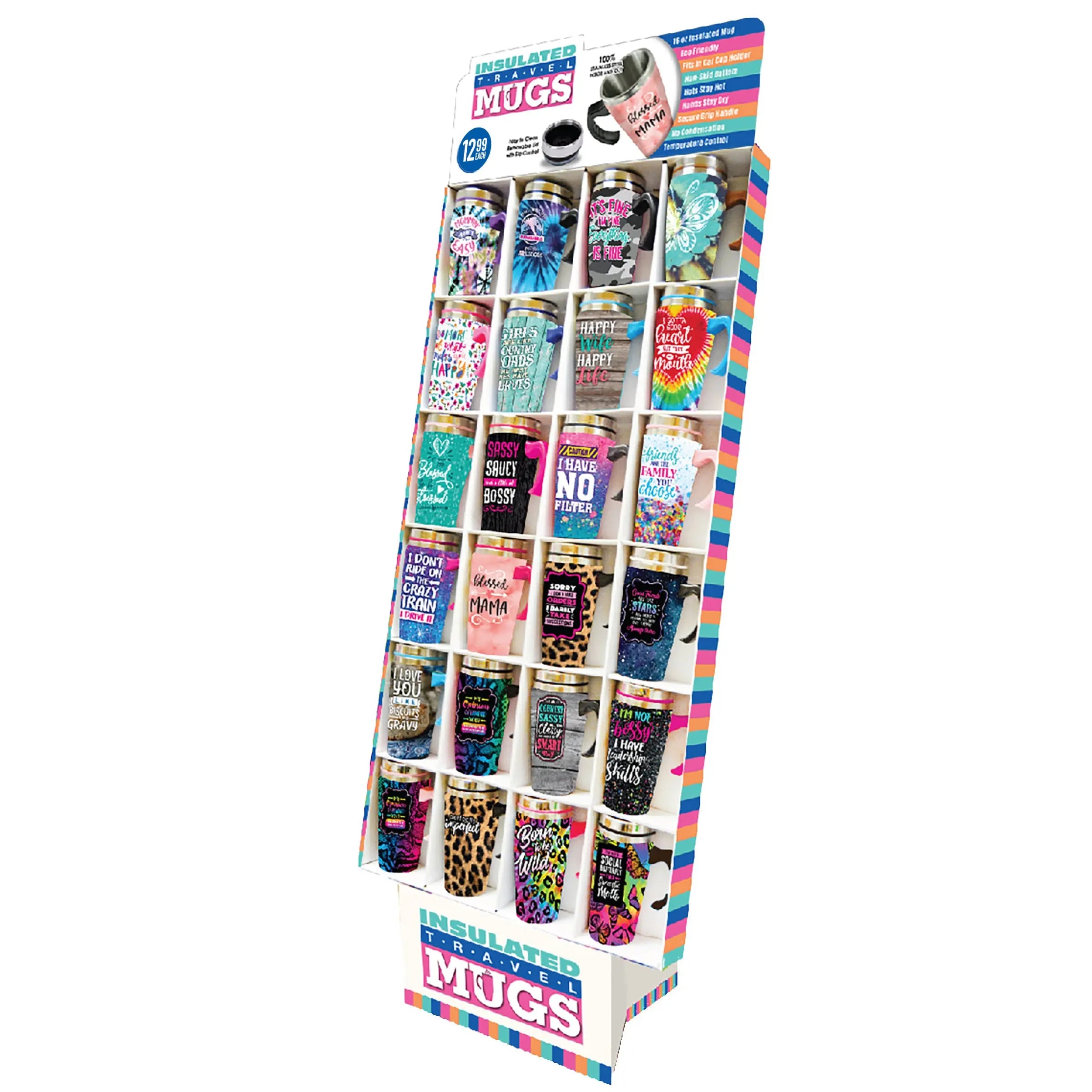 16 oz Travel Mug Assortment Floor Display - 24 Pieces Per Retail Ready Display 88388 NOVELTY INC