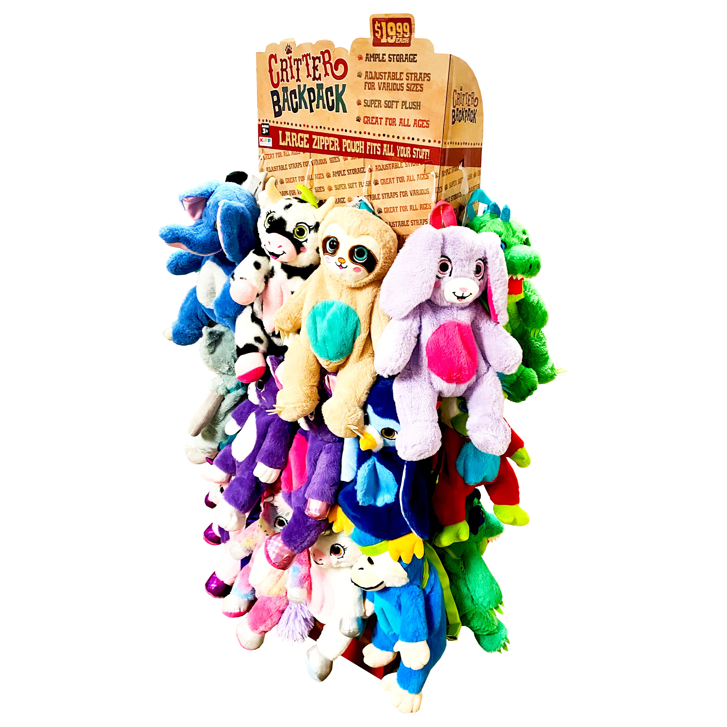Plush Critter Backpack Floor Display - 18 Pieces Per Retail Ready Floor Display 88431 KIPP BROTHERS