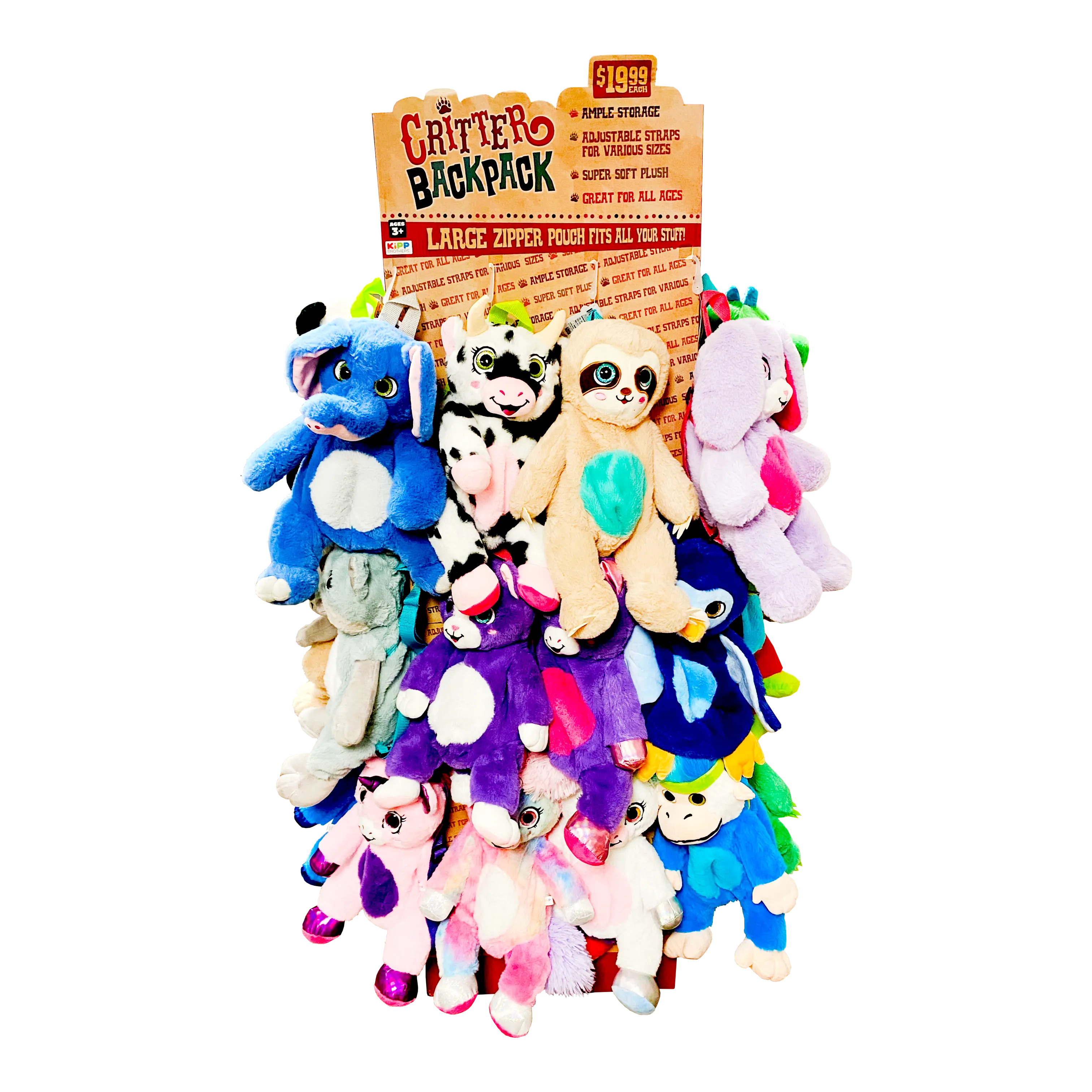 Plush Critter Backpack Floor Display - 18 Pieces Per Retail Ready Floor Display 88431 KIPP BROTHERS