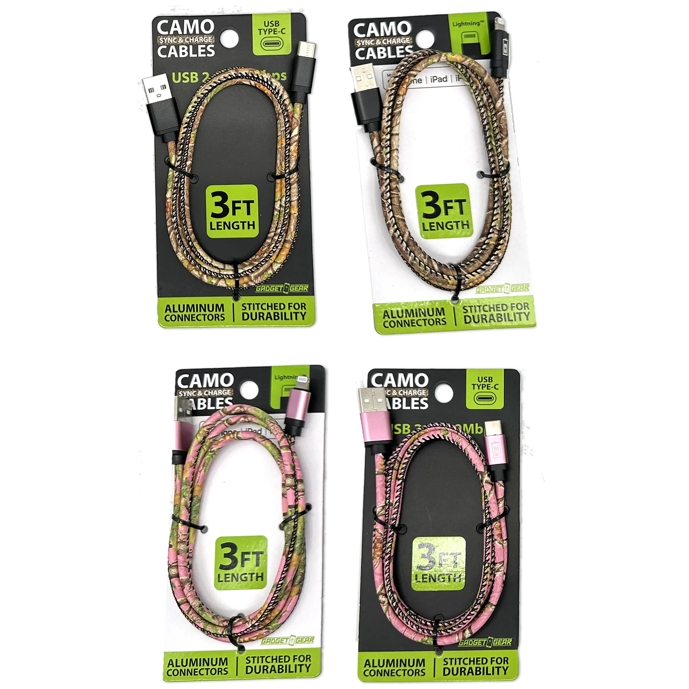 Charging Cable Camo Assortment 3FT - 12 Pieces Per Retail Ready Display 88457 GADGET GEAR