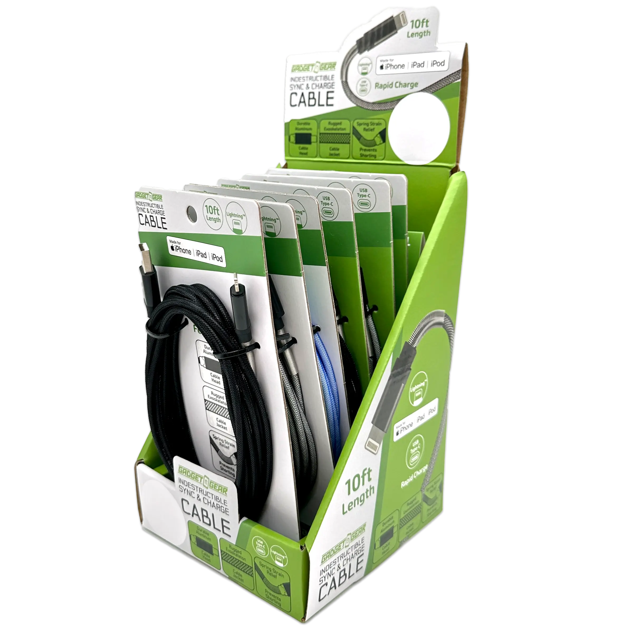 Charging Cable Indestructible Assortment 10FT 2.4 Amp - 6 Pieces Per Retail Ready Display 88468 GADGET GEAR