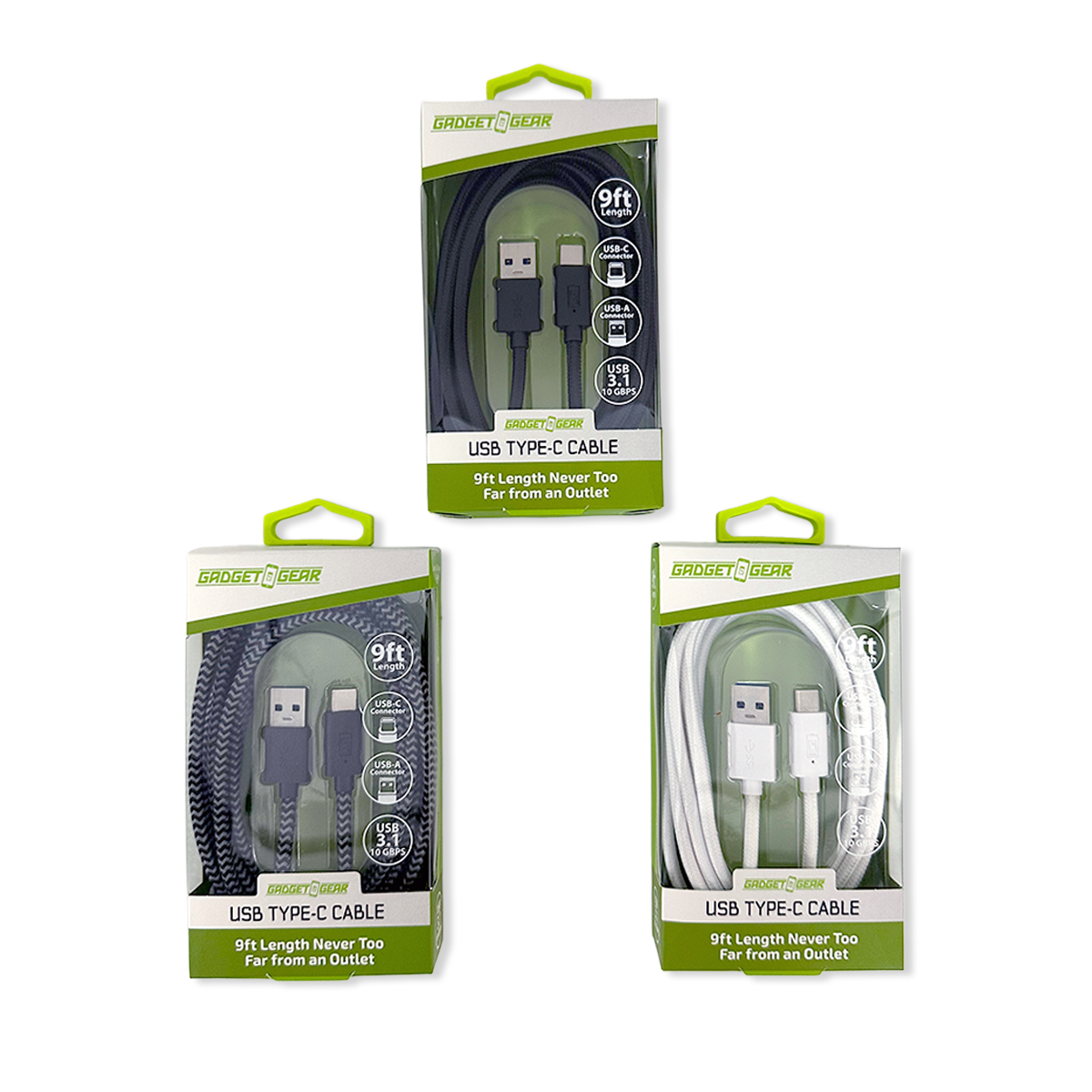 Charging Cable USB-A-to-USB-C 9FT - 6 Pieces Per Retail Ready Display 26183 GADGET GEAR