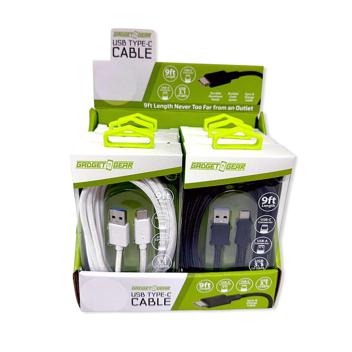 Charging Cable USB-A-to-USB-C 9FT - 6 Pieces Per Retail Ready Display 26183 GADGET GEAR