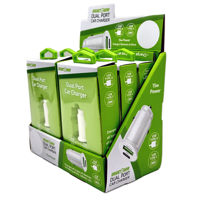 ITEM NUMBER 023759 USB AND USB-C DUAL DC CAR CHARGER 6 PIECES PER DISPLAY