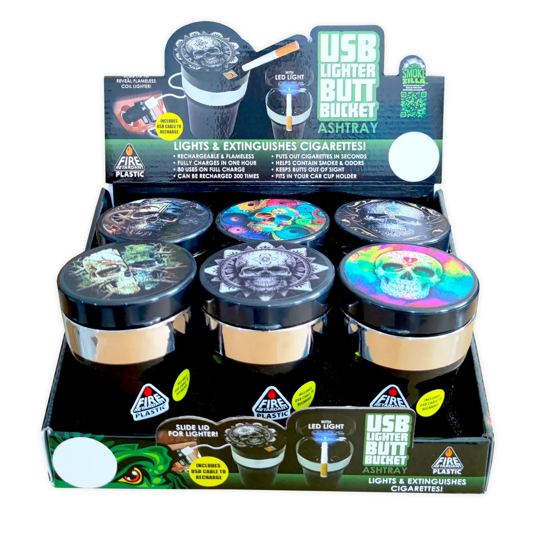 Printed Lid Butt Bucket Ashtray With Usb Coil Lighter & LED Light 6