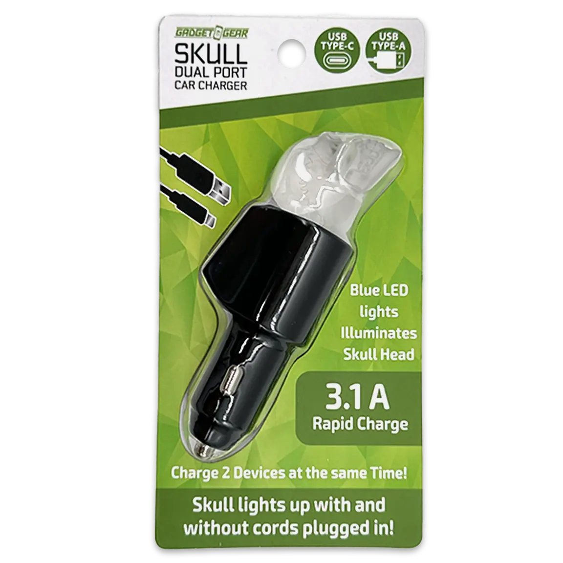 Car Charger Dual Port USB / USB-C LED Skull 3.1 Amp - 6 Pieces Per Retail Ready Display 24001 GADGET GEAR