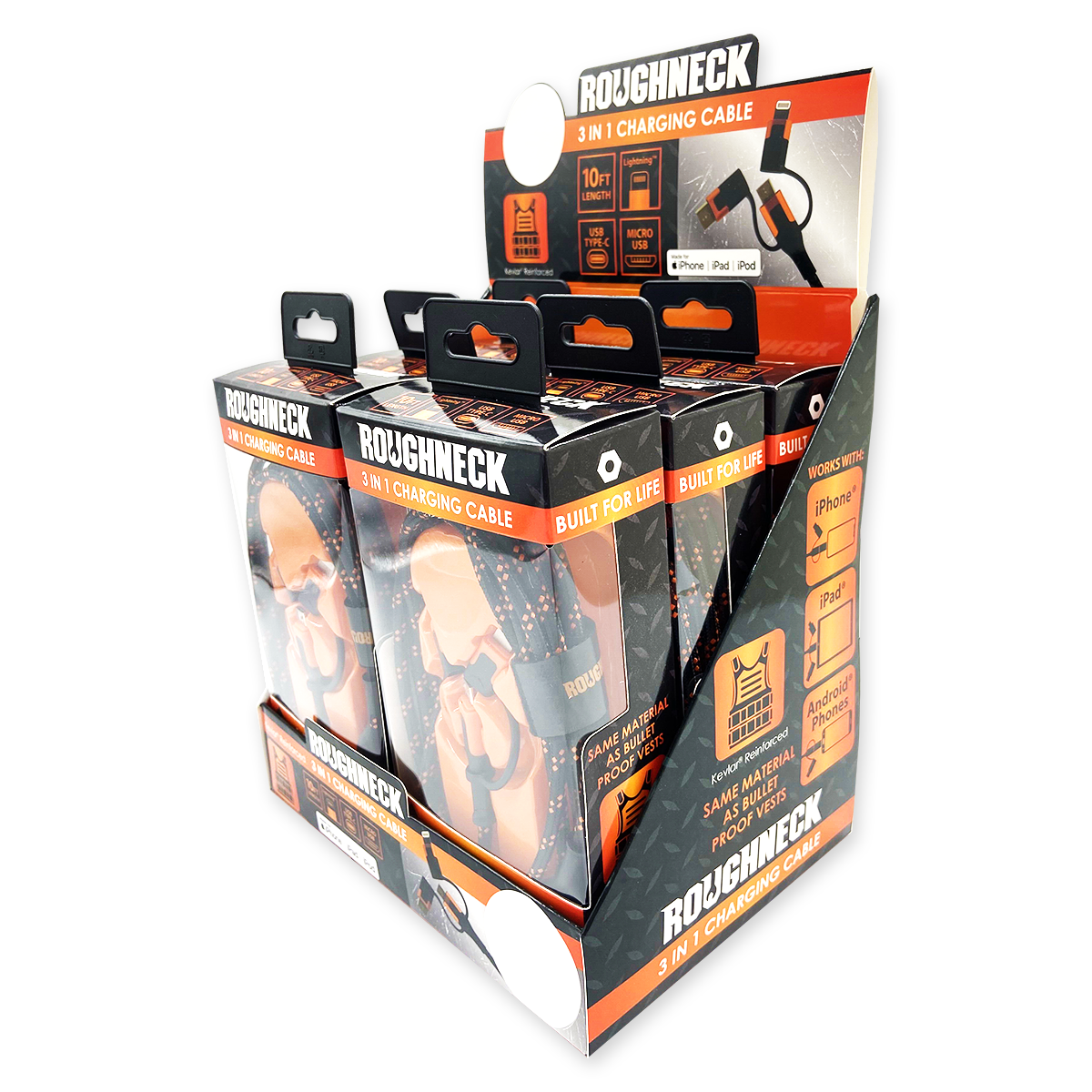 ITEM NUMBER 024072 ROUGHNECK 10FT 3 IN 1 CABLE 6 PIECES PER DISPLAY