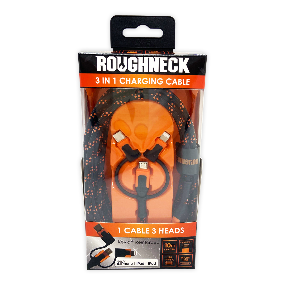 ITEM NUMBER 024072 ROUGHNECK 10FT 3 IN 1 CABLE 6 PIECES PER DISPLAY