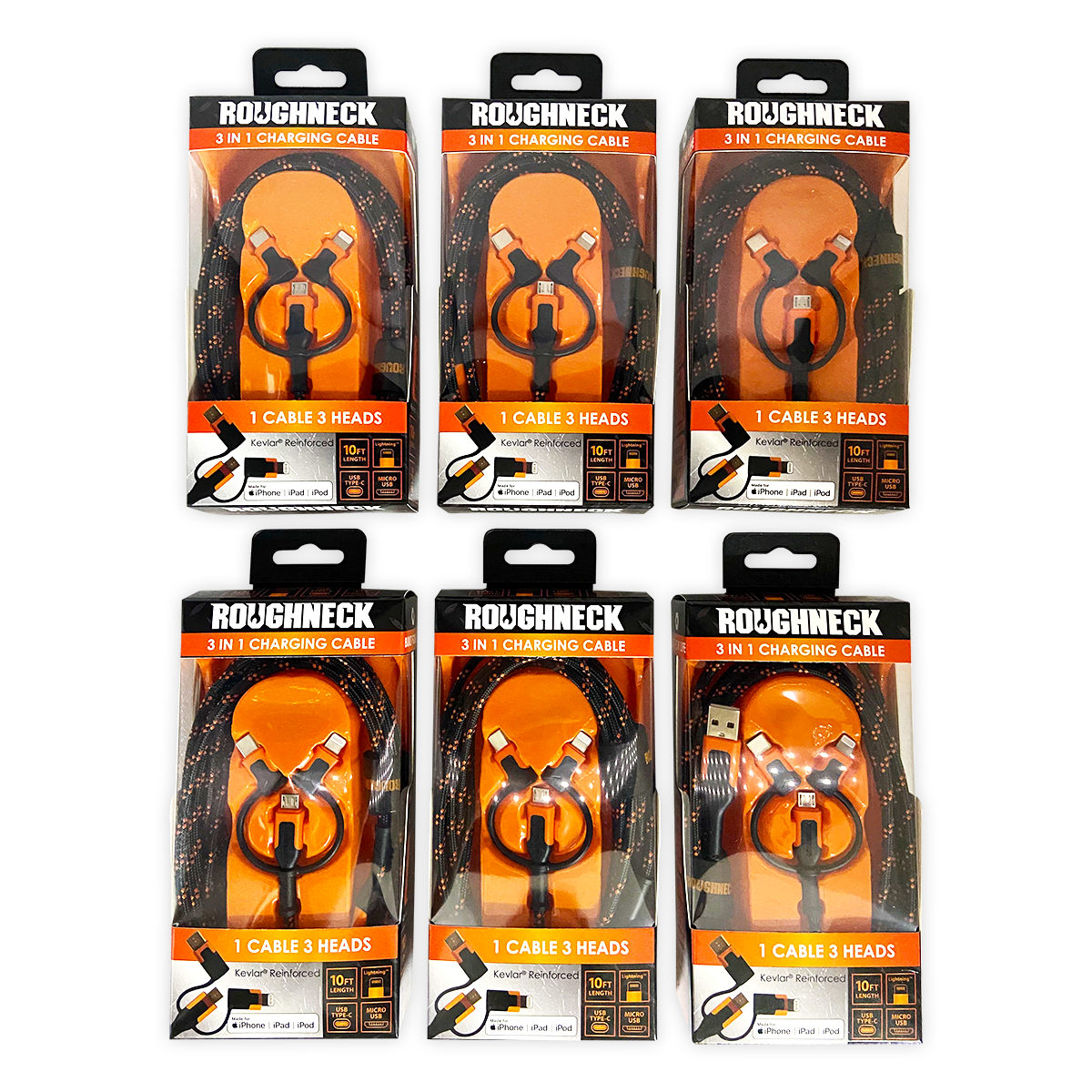 ITEM NUMBER 024072 ROUGHNECK 10FT 3 IN 1 CABLE 6 PIECES PER DISPLAY