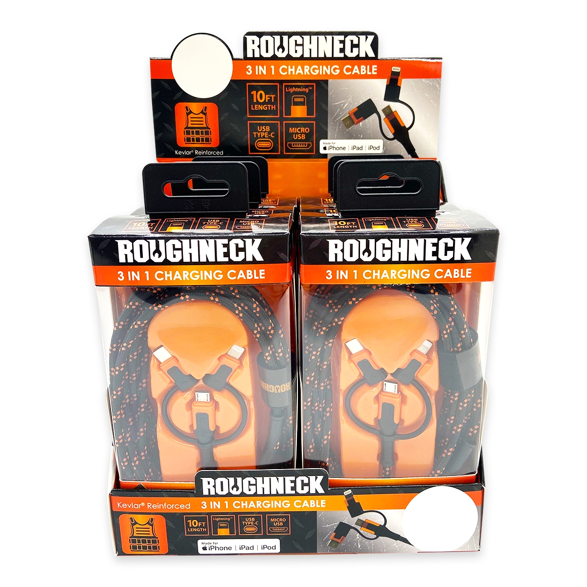 ITEM NUMBER 024072 ROUGHNECK 10FT 3 IN 1 CABLE 6 PIECES PER DISPLAY