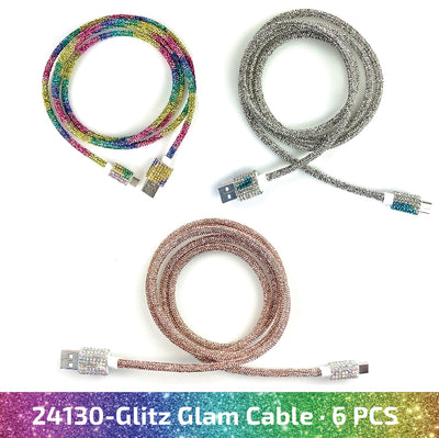 ITEM NUMBER 024130 GLITTER CHARGE CABLE VARIETY 6 PIECES PER DISPLAY