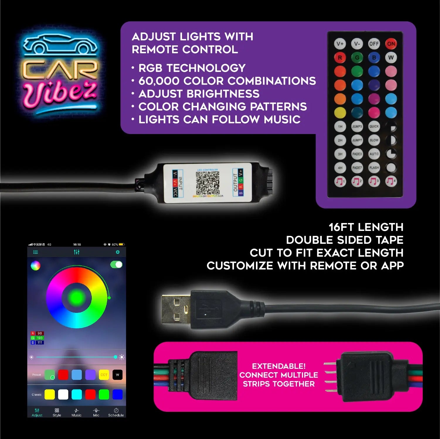 Led Mood Mood Light Strip USB with Remote 16FT - 6 Pieces Per Retail Ready Disp ...