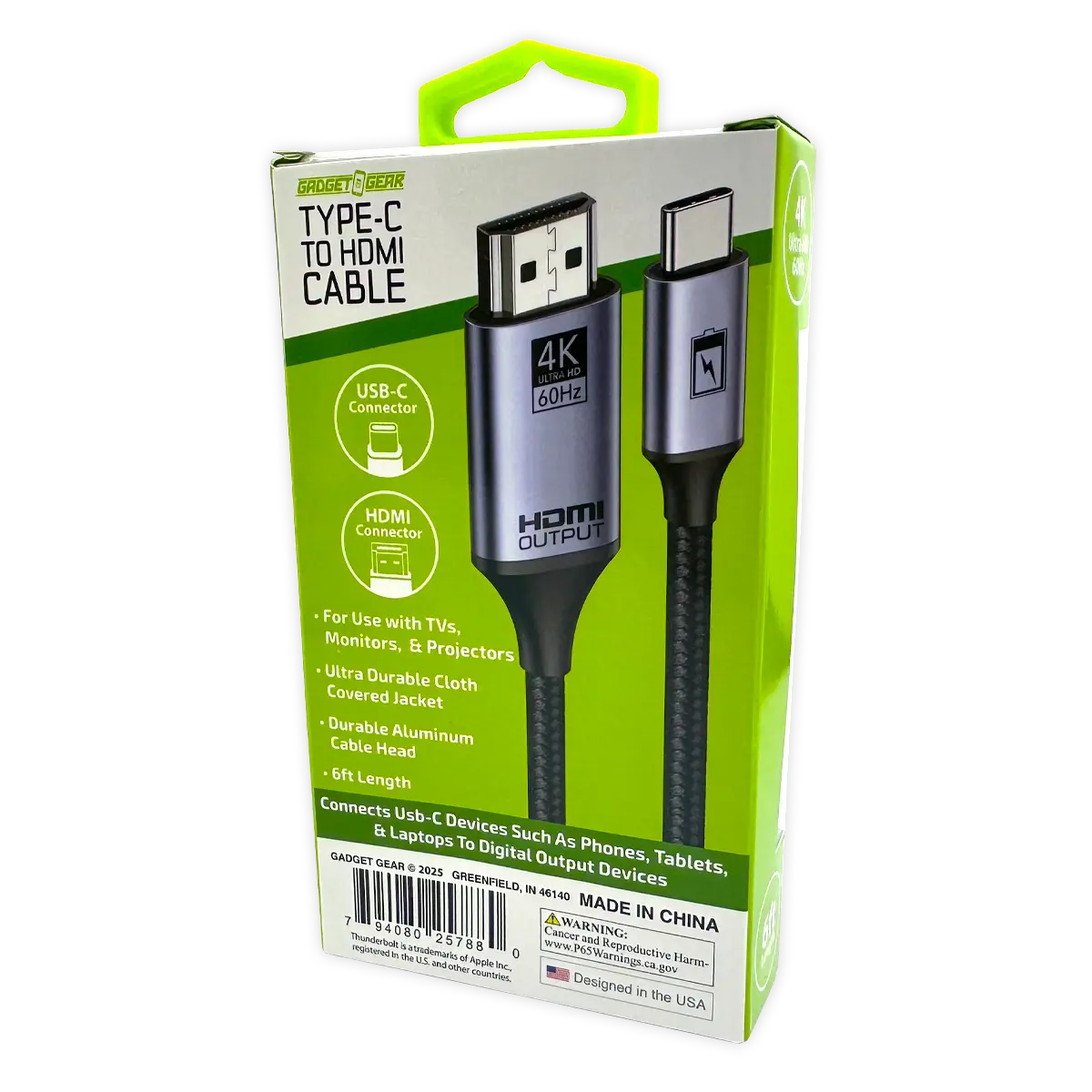 USB-C to HDMI Adapter Cable 6FT 4K Ultra HD 60hz - 6 Pieces Per Retail Ready Display 25788 - NOVELTY INC WHOLESALE