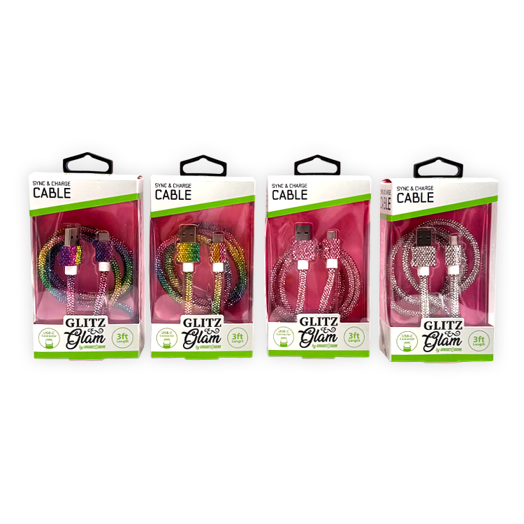 Glitz N Glam 3FT 2.4Amp Type-C Sync & Charge Cable - 6 Pieces Per Retail Ready Display 25948 GADGET GEAR