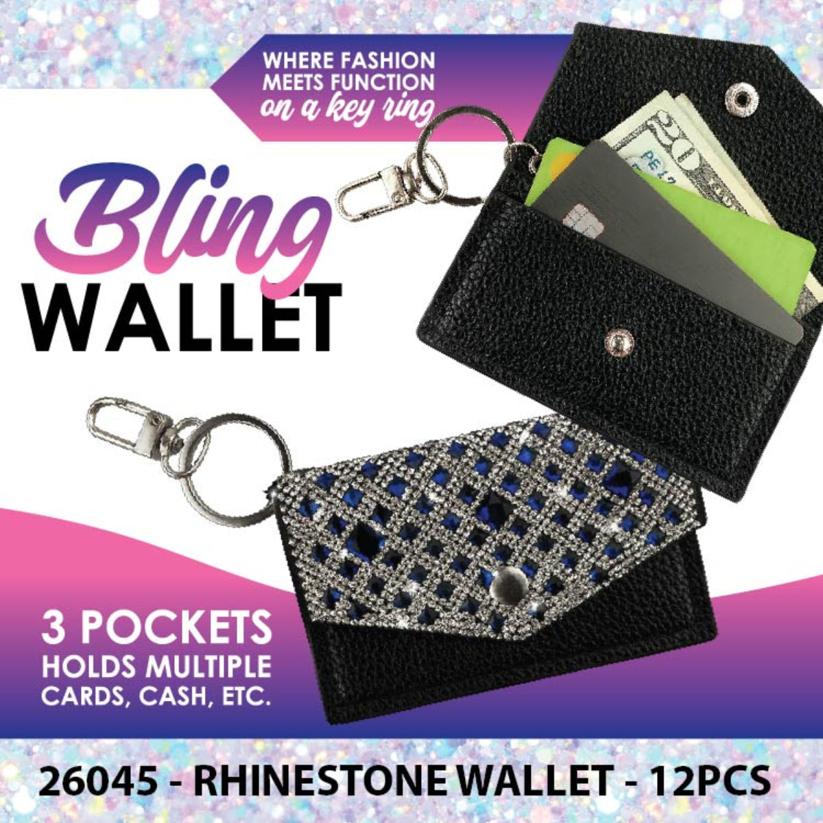 Bling Rhinestone Wallet Keychain - 12 Pieces Per Retail Ready Display 26045 NOVELTY INC
