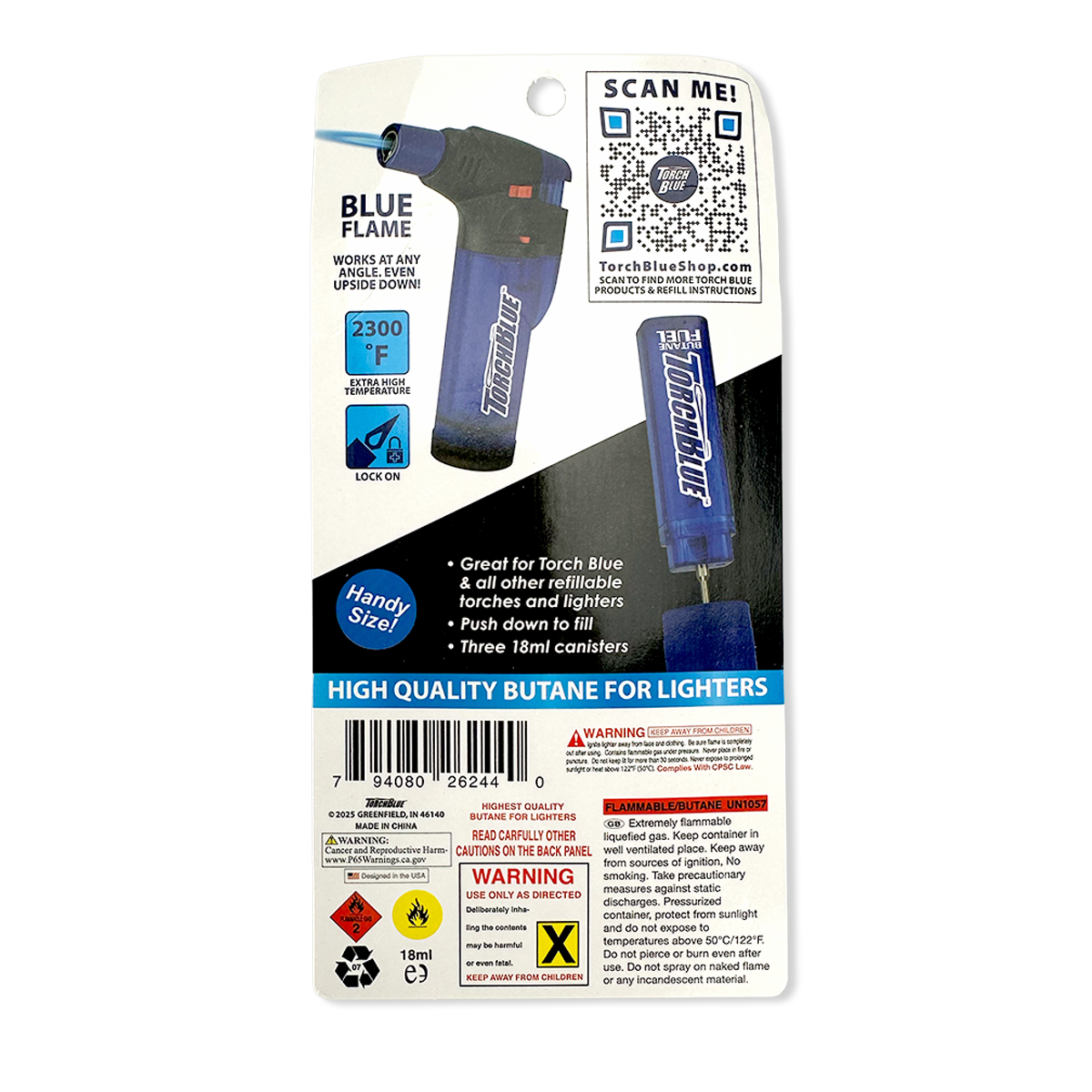 XXL Torch Lighter with Bonus Butane Refill Blister 2-Pack Sets - 6 Sets Per Display 26244 TORCH BLUE