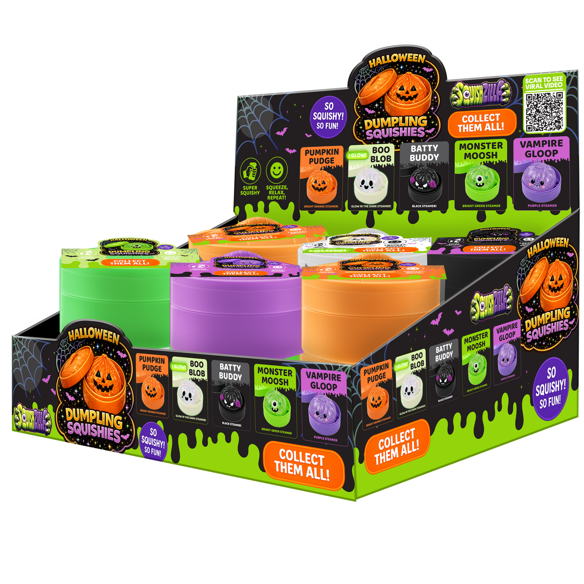 ペッパーチャチャ　ボンボン　スクイーズ　スクイーズ　ハロウィン Fun Doh SquishZilla Spooky Steamers Dumpling Toy - 12 Pieces Per