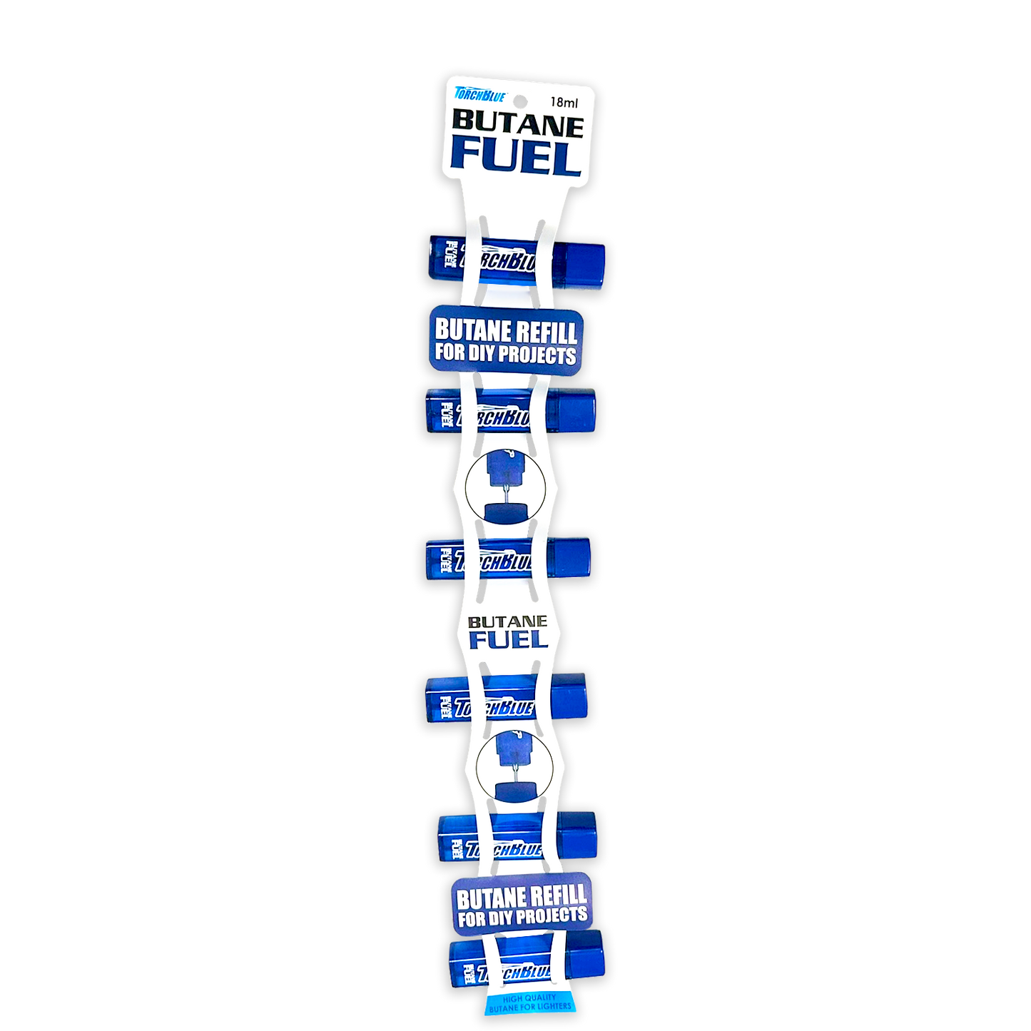 ITEM NUMBER 041554 TORCH BLUE 18ML BUTANE REFILL FUEL W/ MERCHANDISING STRIP 12 PIECES PER DISPLAY