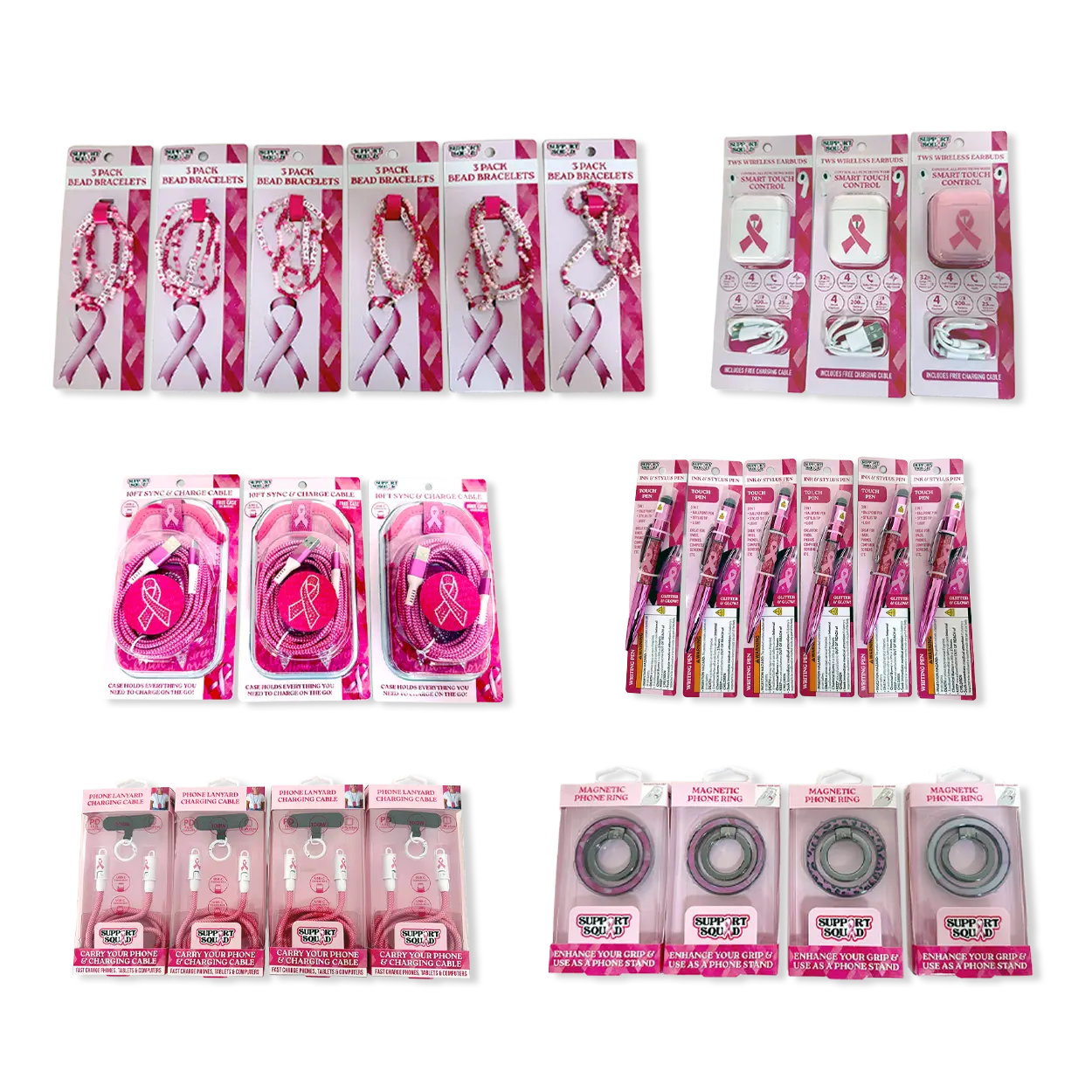 Breast Cancer Awareness Pink Support Squad Assortment Floor Display - 68 Pieces Per Retail Ready Display 88607 NOVELTY INC