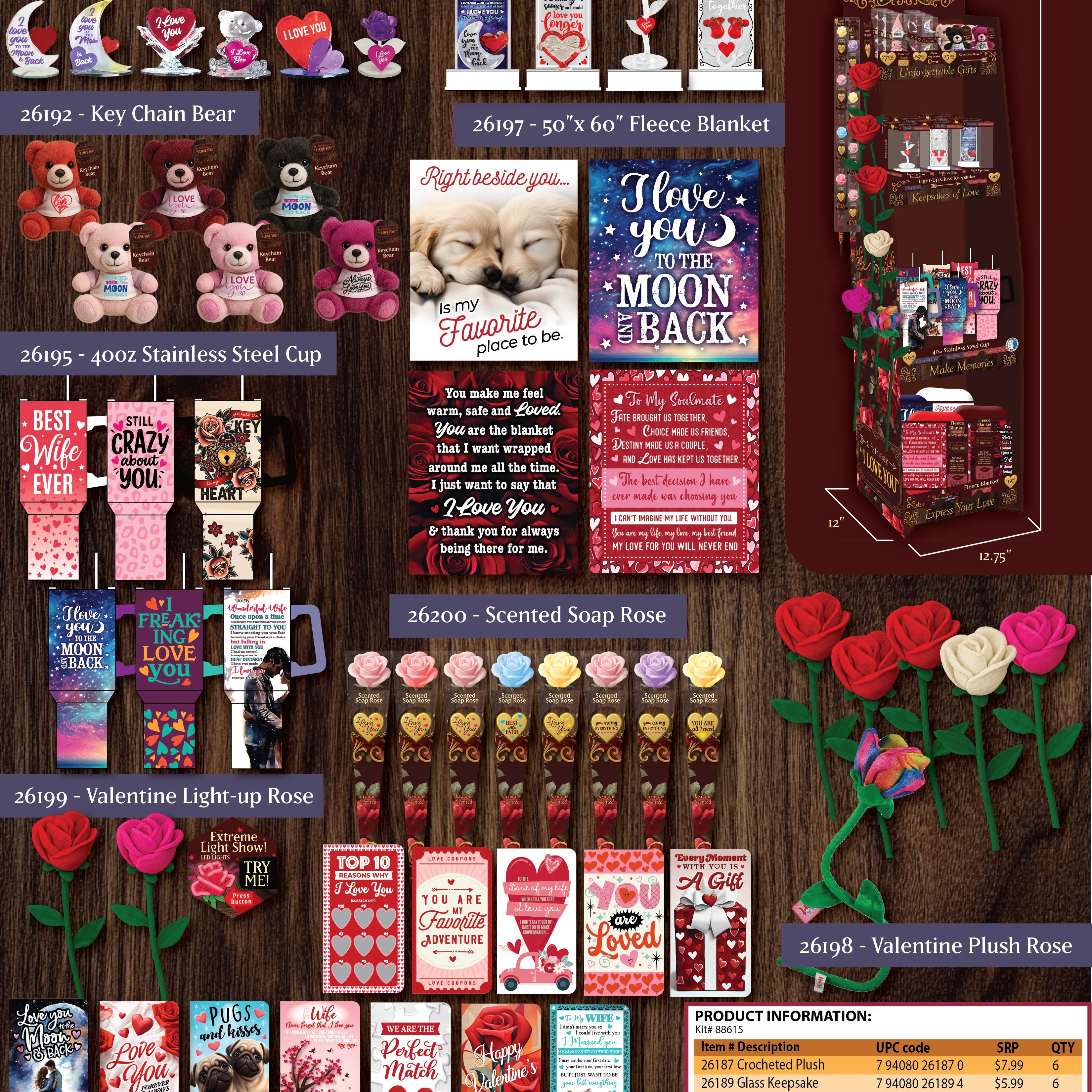 Valentines Day Rose Plush and Gift Assortment Floor Display - 78 Pieces Per Retail Ready Display Kit 88615 KIPP BROTHERS