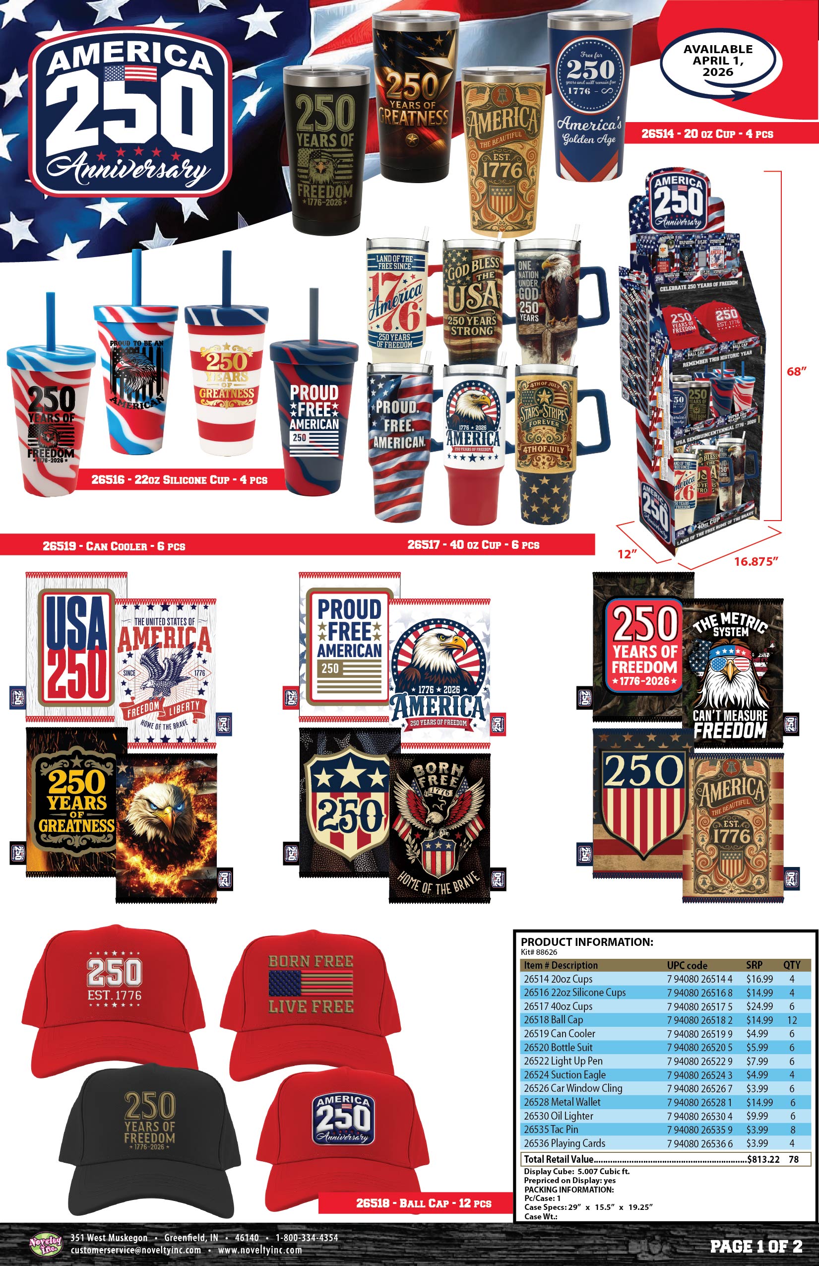 Patriotic USA 250 Floor Display - 78 Pieces Per Retail Ready Display Kit 88626 NOVELTY INC
