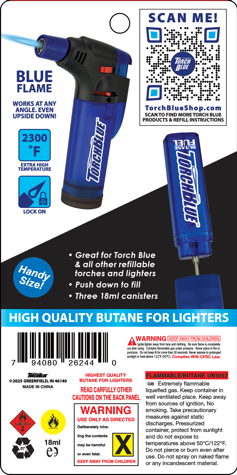 XXL Torch Lighter with Bonus Butane Refill Blister 2-Pack Sets - 6 Sets Per Display 26244 TORCH BLUE