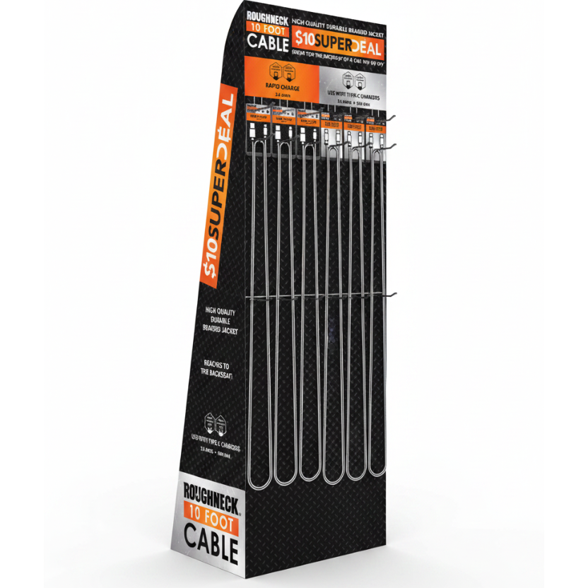 Roughneck 10FT Cable - Easel Floor Display 3/4 Mockup