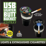 Printed Lid Butt Bucket Ashtray with USB Coil Lighter & LED Light- 6 Per Retail Ready Wholesale Display 22378